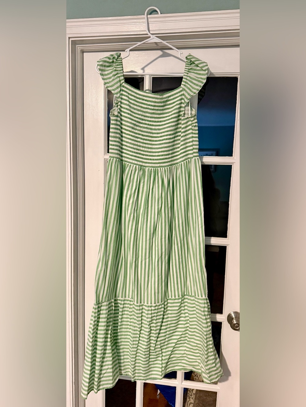 LOFT Green and White Striped Maxi Skirt